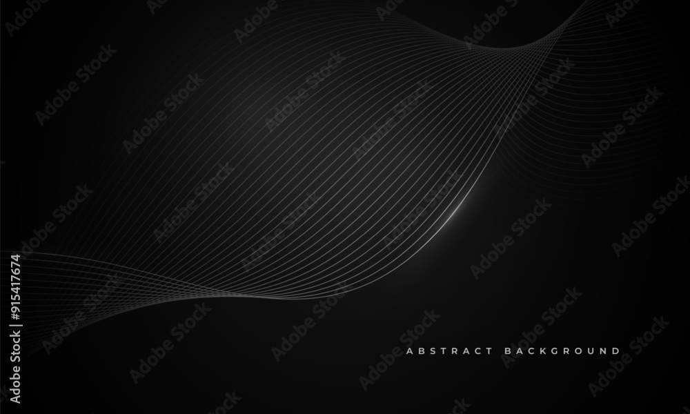 Poster Abstract black vector background with gray glowing wavy lines. Dark elegant vector illustration with particle striped wave lines