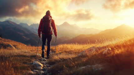 Fototapeta premium Person hiking in beautiful mountains in autumn with trekking poles