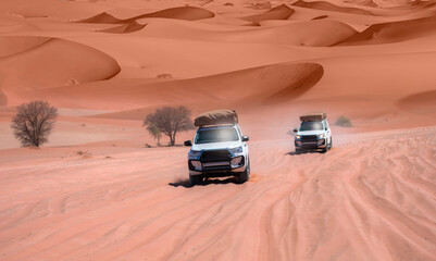 Car vehicle rides through the sand dune Namib desert - Namibia