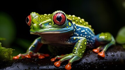 A vibrant frog with striking red eyes perched on a branch.