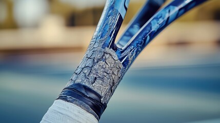 Close-up of a Tennis Racket Handle with Cracked Paint