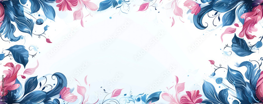 Poster flat vector illustration. frame of pink and blue patterns and swirls on the edges and empty space in
