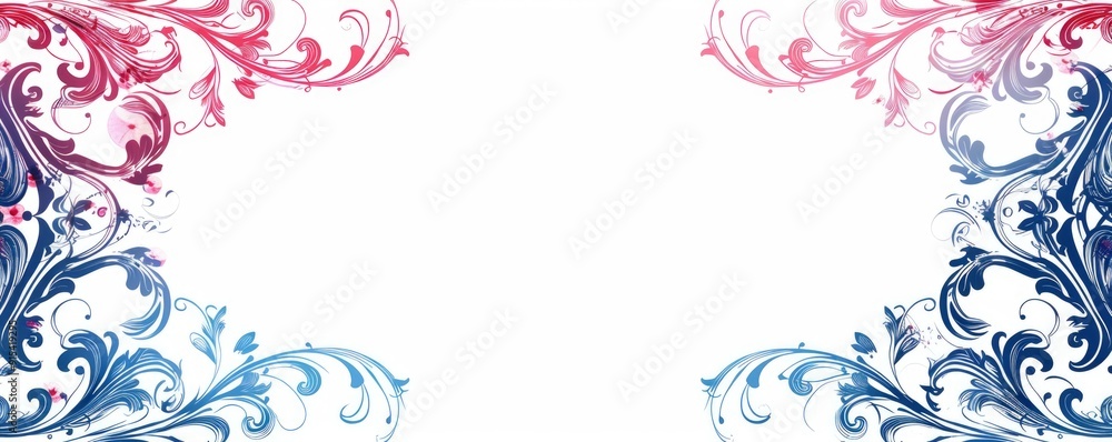 Poster flat vector illustration. frame of pink and blue patterns and swirls on the edges and empty space in