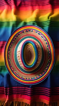 Colorful mexican sombrero on a striped serape blanket, showcasing vibrant culture. Top view shot of traditional handicraft, perfect for travel themes