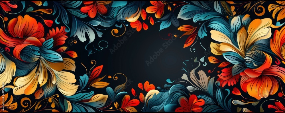 Poster flat vector illustration. frame of swirls and patterns of bright colors on the edges and empty space