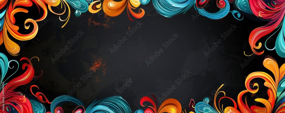 Poster flat vector illustration. frame of swirls and patterns of bright colors on the edges and empty space