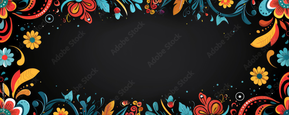 Poster flat vector illustration. frame of swirls and patterns of bright colors on the edges and empty space