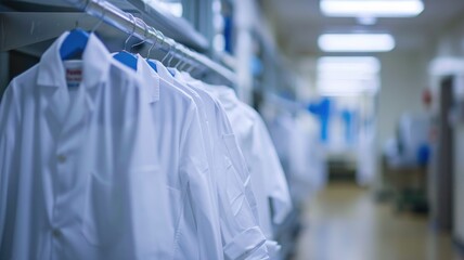 Naklejka premium A rack of laboratory coats near the entrance of a research facility, emphasizing the importance of personal protection