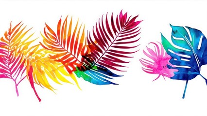 Obraz premium multi-colored palm leaves on the light background with space for text in the center