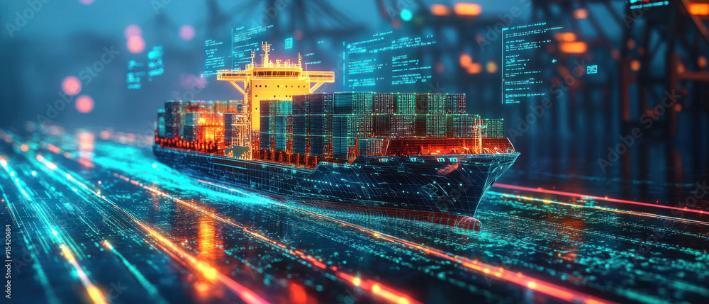 Poster blockchain integration logistic, a holographic container cargo ship sails through a digital ocean, d