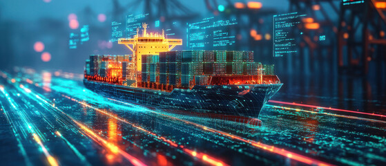 Blockchain Integration Logistic,  A holographic container cargo ship sails through a digital ocean, displaying floating annotations on blockchain integration. The vibrant blue and