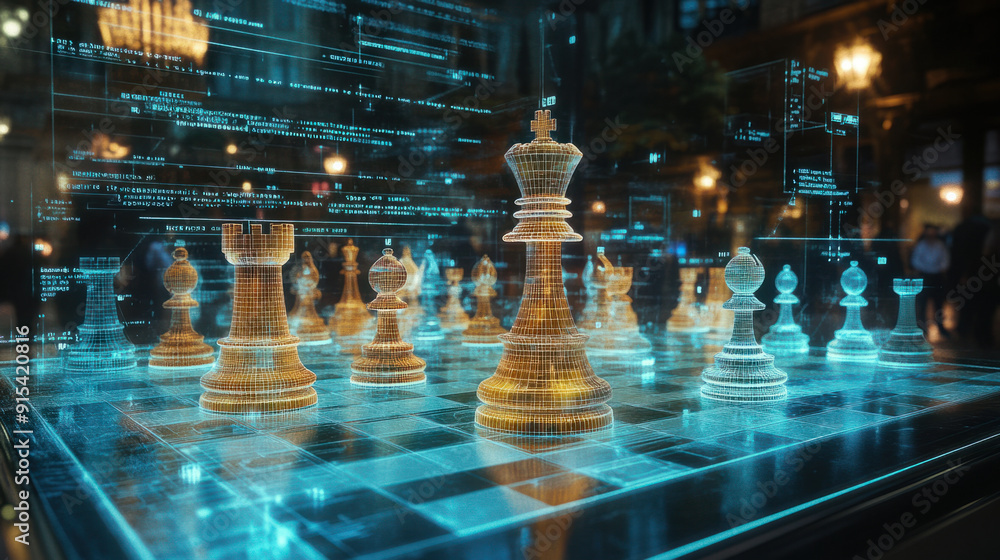Poster chess business strategy, floating holograms of chess pieces, prominently featuring a rooks and pawns
