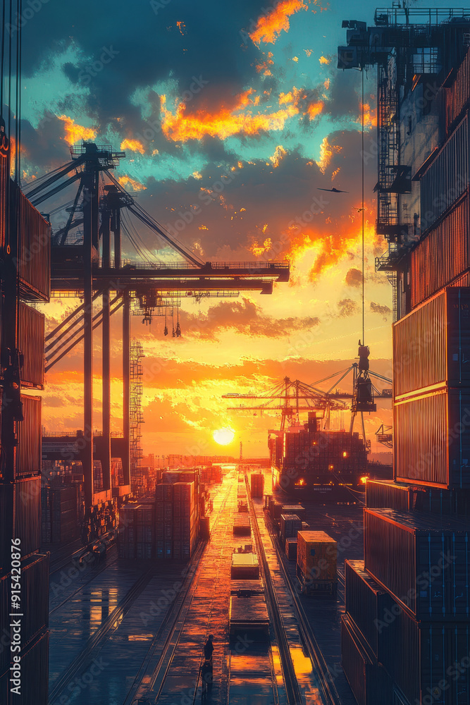 Poster ship logistic, a serene container ship at a busy port, with dockworkers carefully loading boxes and 
