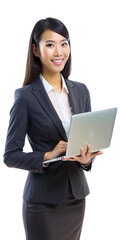 Smiling young asian businesswoman standing with laptop computer over white background, looking away, isolated on white background. Generative AI. 