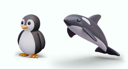 3D penguin and killer whale. Set of vector characters in cartoon style