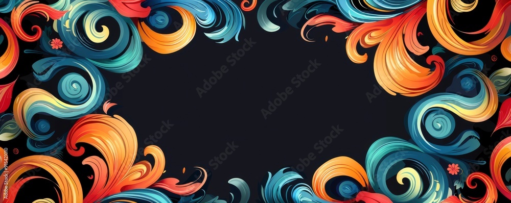 Poster flat vector illustration. frame of bright colored swirls on the edges and empty space in the middle 