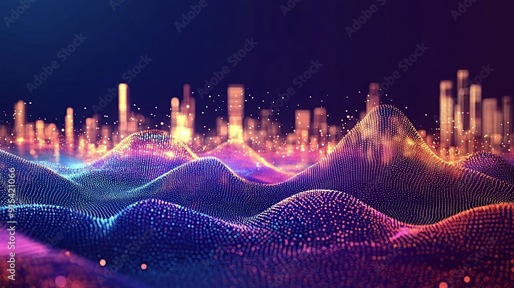 Poster abstract colorful data flowing and forming waves with blurred city skyline in background
