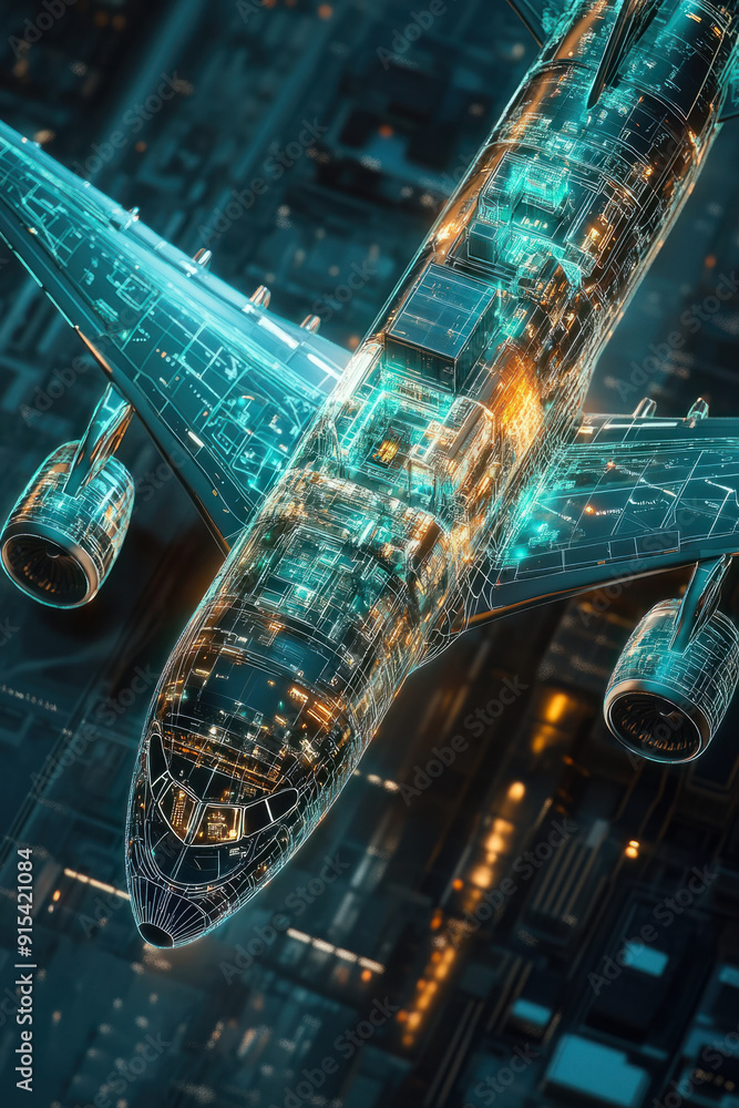 Poster blockchain integration logistic, a translucent cargo airplane is depicted in a holographic format, w