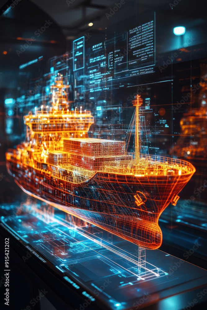 Aufkleber blockchain integration logistic, exhibit an advanced cargo vessel as a shimmering hologram, with vib