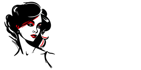 Women`s hairstyle black-red stencils silhouette drawing on white background with copy space