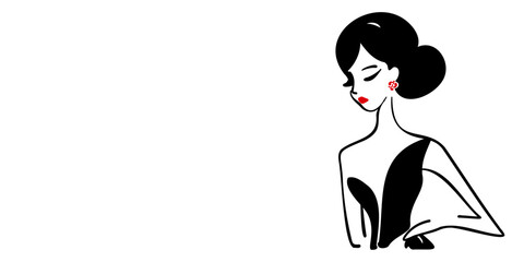 Women`s hairstyle black stencils silhouette drawing on white background with copy space