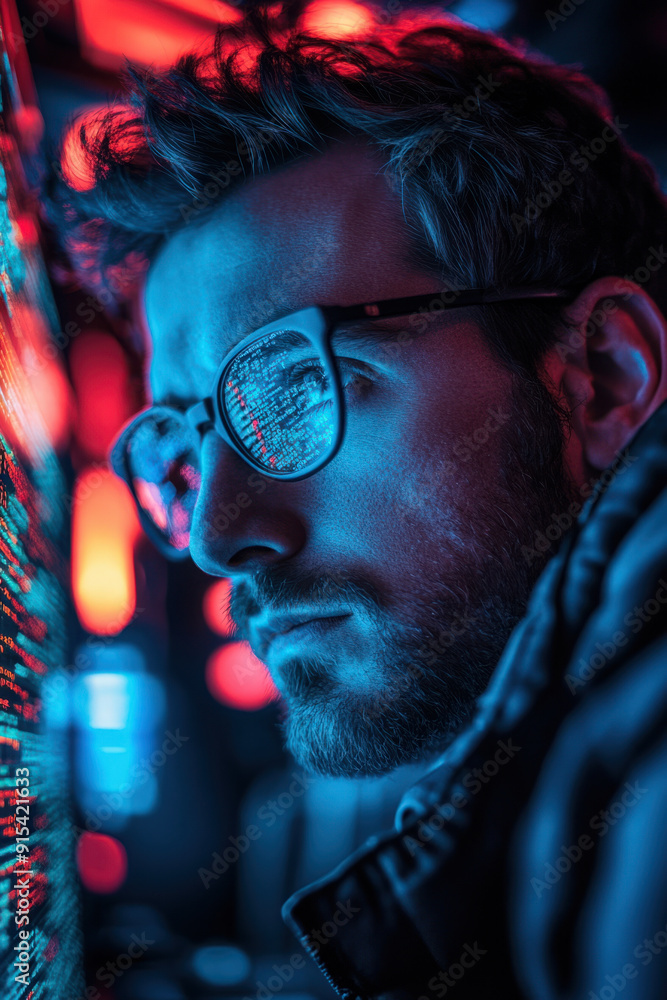 Poster ethical hacking, a side view of a focused hacker wearing thick-rimmed glasses, his eyes fixed on a f