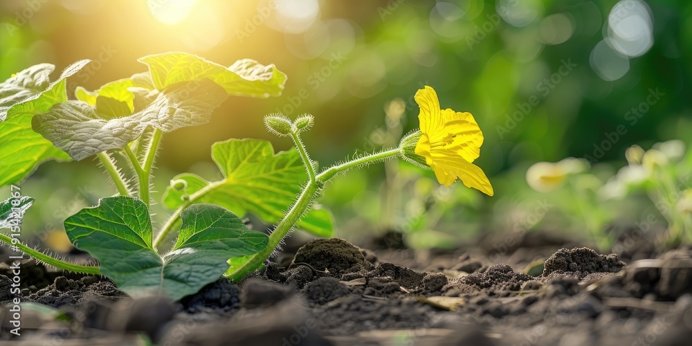 Sticker cucumber plant with yellow flower in a sunny garden