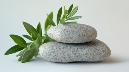 Tranquil Scene with Sage Twig and Smooth Pebbles on Sand