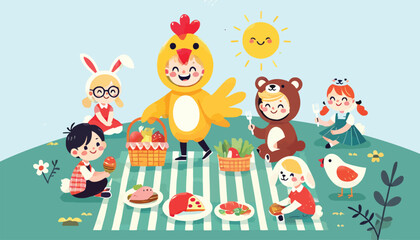 cartoon of a boy in a chicken costume playing with other children in animal costumes