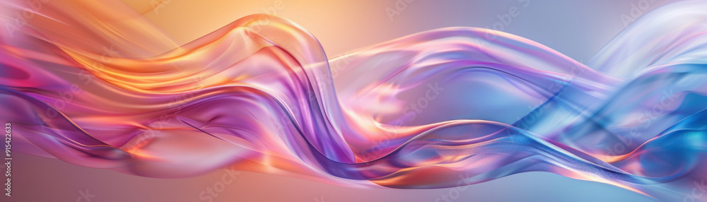 Poster abstract background, in the center, a translucent iridescent swirling shape dances gracefully, refle