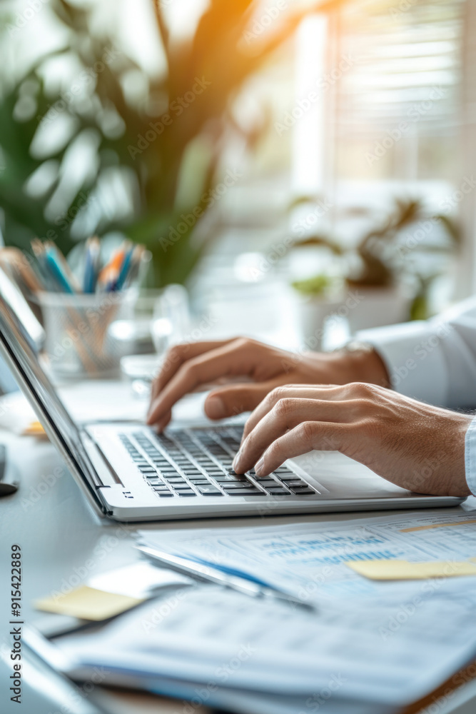 Poster business success concept, close-up of hands swiftly typing on an office keyboard, surrounded by vibr