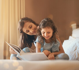 Bedroom, reading and mom with girl, book and story time with child development and learning....