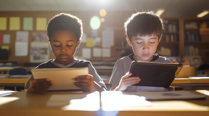 Two boys, one Black and one white, engaged in using tablets in a classroom setting, symbolizing learning with technology.
