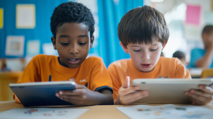 Two boys, one Black and one white, engaged in using tablets in a classroom setting, symbolizing learning with technology.