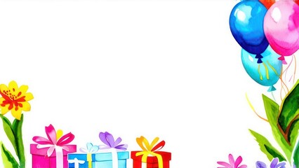 Greeting card with colorful balloons, flowers and gifts