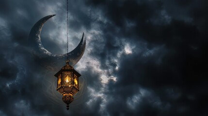 A Glowing Lantern Hanging From The Crescent Moon