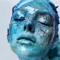 Cracked blue textured face sculpture with closed eyes.