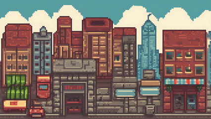 Retro City Pixel Art Background 2D Vector Illustration with Classic Pixel Style for Urban Design and Digital Art.