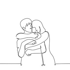 woman hugging man tenderly from behind - one line art vector. concept gentle touch couple, support, skinship