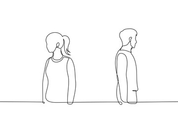 woman and man standing separately with their backs to each other - one line art vector. concept strangers, couple in a quarrel