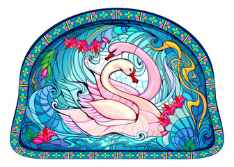 Art Nouveau stained glass window with couple beautiful swans in love. Template for design, wallpaper, background, decoration. Western European architecture. Vector drawing. Art deco architecture style