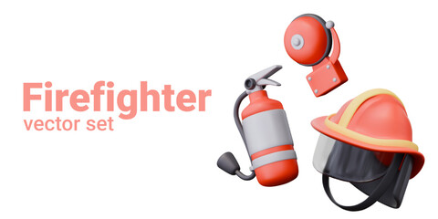 Firefighters equipment and accessories. Realistic rescuer helmet, fire alarm, extinguisher