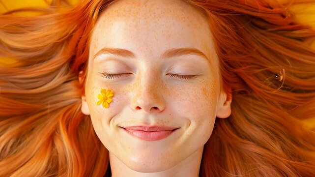 Radiant redhead woman with freckles enjoying autumn vibes