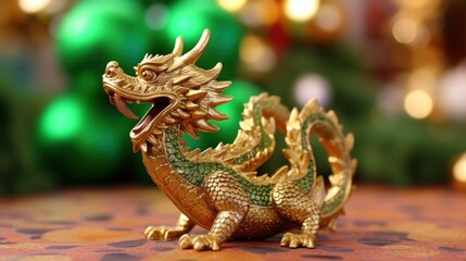 Fototapeta premium Golden Dragon Figurine on a Brown Surface