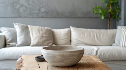 Summer living room interior design in a simple style with an oak table and sleek bowl