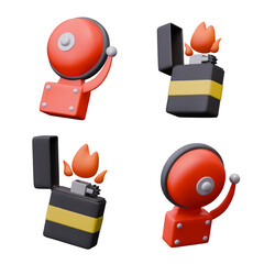 Red metal fire bell, lighter with fire. Cause of fire and automatic notification of danger