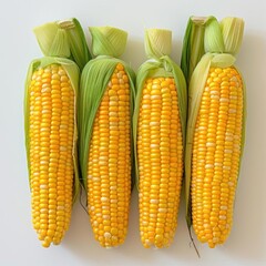 Freshly shucked corn in its husk, displayed in a row.