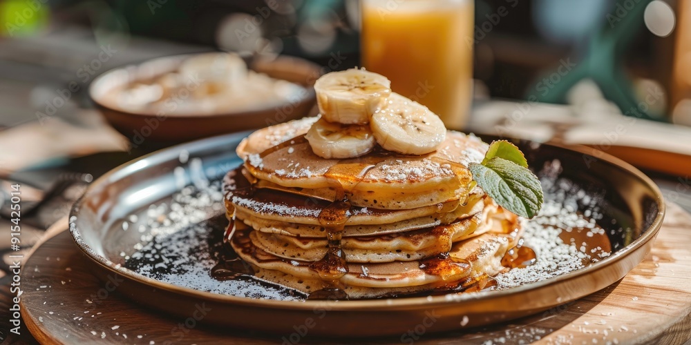 Wall mural Banana Pancakes served with maple syrup and coconut flakes for breakfast on a table