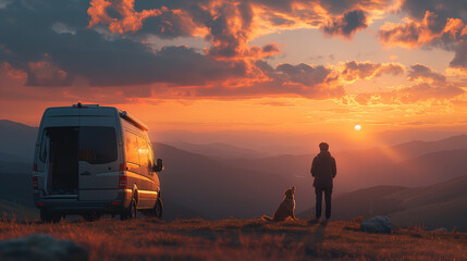 A person and their dog enjoy a serene sunset beside a camper van on a mountain overlook.