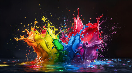 Vivid Color Explosion: Dynamic Ink Splashes Merging on Dark Background for Artistic Abstract Design.